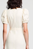 Laden Sie das Bild in den Galerie-Viewer, Elfenbein A Linie Midi Hochzeitsgastkleid mit Puffärmeln