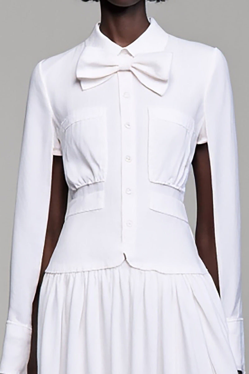 Laden Sie das Bild in den Galerie-Viewer, Revers A Linie Weißes Langes Hochzeitsgastkleid mit Schleife