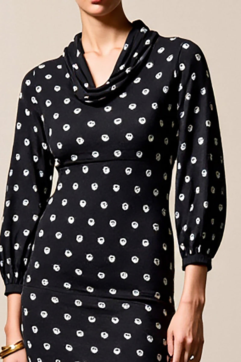 Laden Sie das Bild in den Galerie-Viewer, Polka Dot Wasserfall Ausschnitt Etui Schwarzes Hochzeitsgastkleid