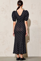 Laden Sie das Bild in den Galerie-Viewer, Schwarzes Polka Dot Langes Hochzeitsgastkleid mit Puffärmeln und Gürtel