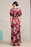 Laden Sie das Bild in den Galerie-Viewer, Rotes Etui V-Ausschnitt Bedrucktes Hochzeitsgastkleid mit Schlitz