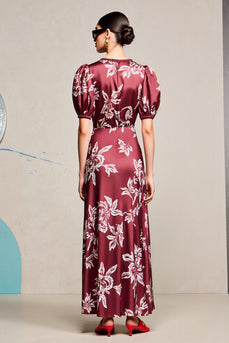 Rotes Etui V-Ausschnitt Bedrucktes Hochzeitsgastkleid mit Schlitz