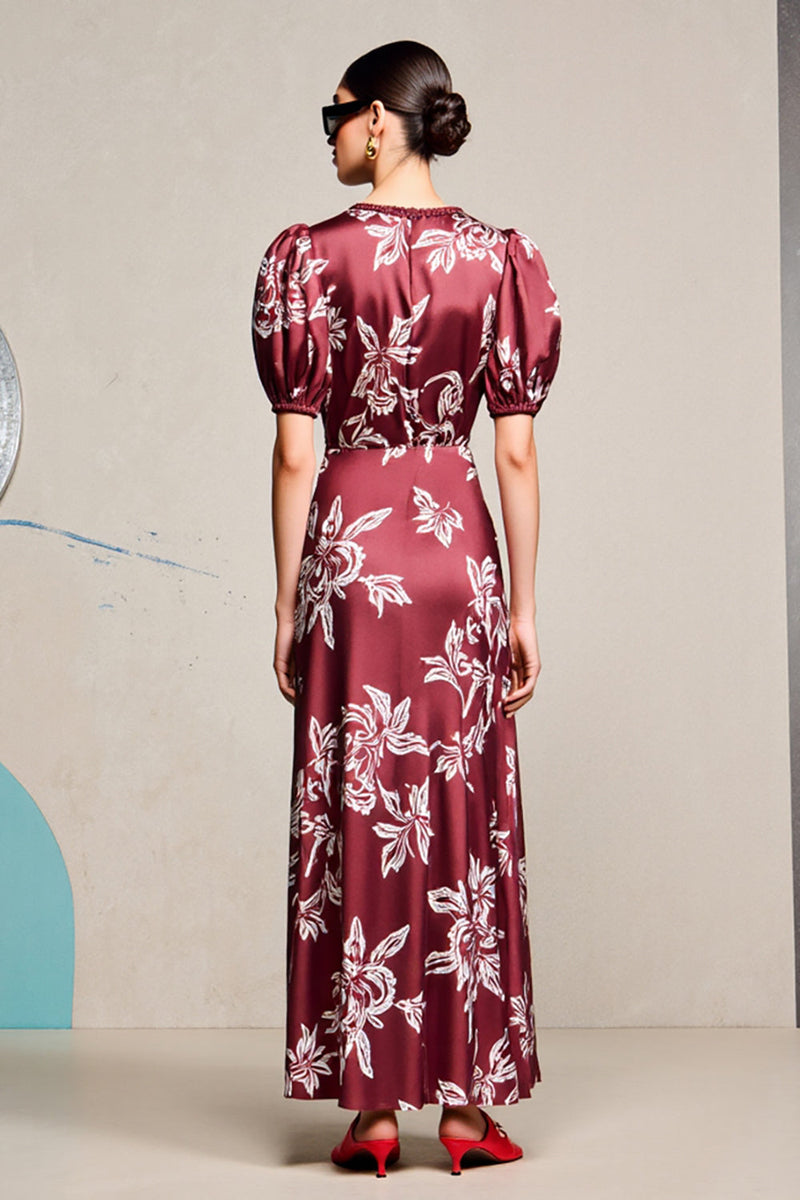 Laden Sie das Bild in den Galerie-Viewer, Rotes Etui V-Ausschnitt Bedrucktes Hochzeitsgastkleid mit Schlitz