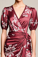 Laden Sie das Bild in den Galerie-Viewer, Rotes Etui V-Ausschnitt Bedrucktes Hochzeitsgastkleid mit Schlitz