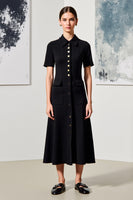 Laden Sie das Bild in den Galerie-Viewer, Einreihiges Revers Midi Schwarzes Hochzeitsgastkleid