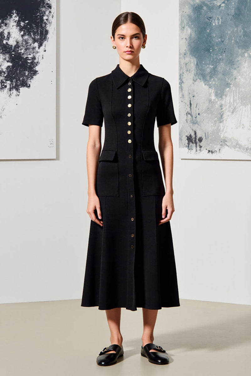 Laden Sie das Bild in den Galerie-Viewer, Einreihiges Revers Midi Schwarzes Hochzeitsgastkleid