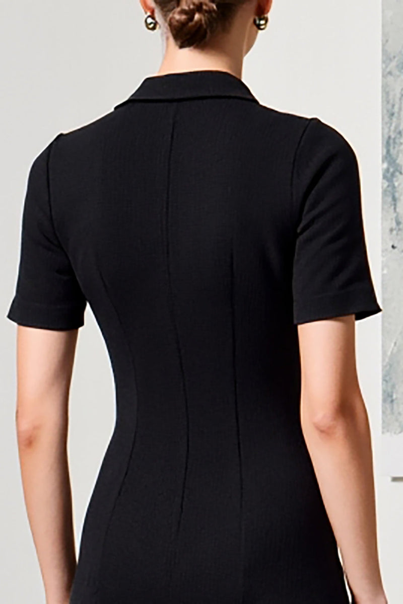 Laden Sie das Bild in den Galerie-Viewer, Einreihiges Revers Midi Schwarzes Hochzeitsgastkleid