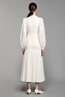 Laden Sie das Bild in den Galerie-Viewer, Langärmeliges Revers A-Linie Elfenbein Hochzeitsgastkleid