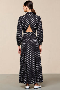 Schwarzes Polka Dot Langarm A-Linie Hochzeitsgastkleid