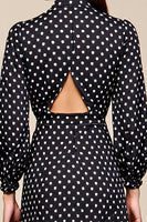 Laden Sie das Bild in den Galerie-Viewer, Schwarzes Polka Dot Langarm A-Linie Hochzeitsgastkleid