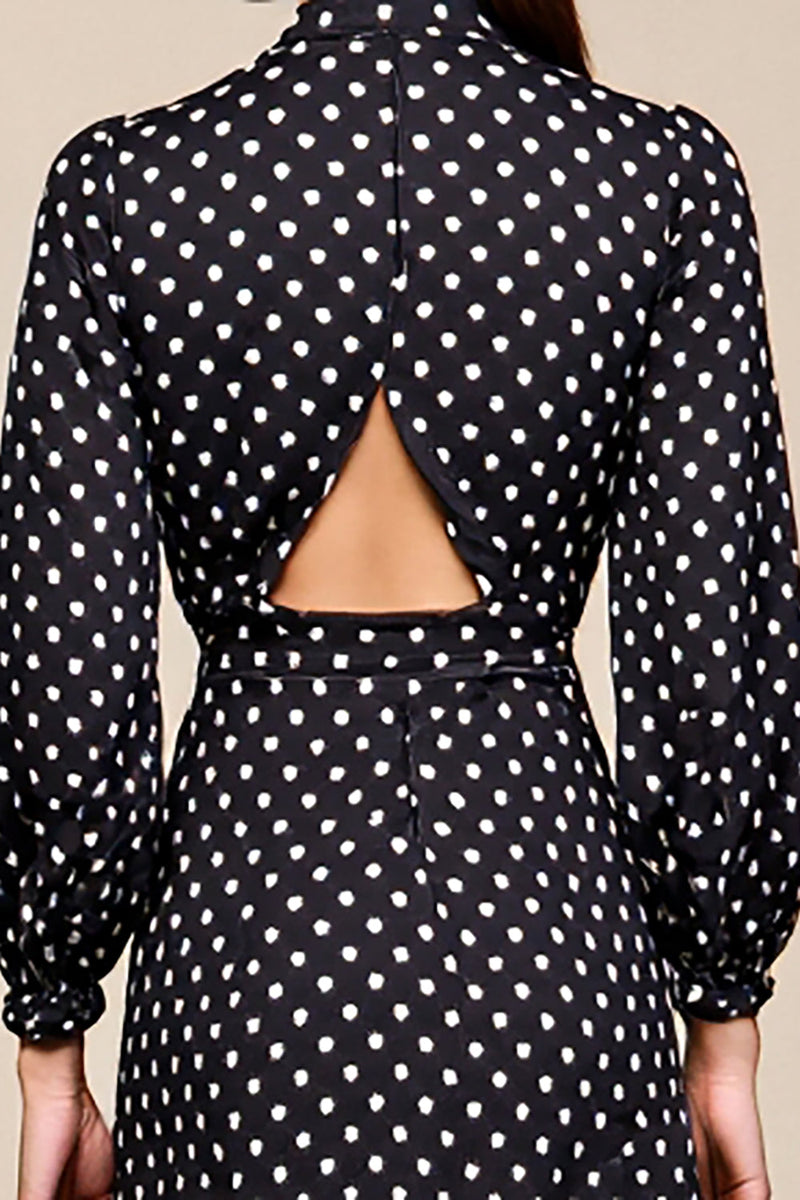Laden Sie das Bild in den Galerie-Viewer, Schwarzes Polka Dot Langarm A-Linie Hochzeitsgastkleid