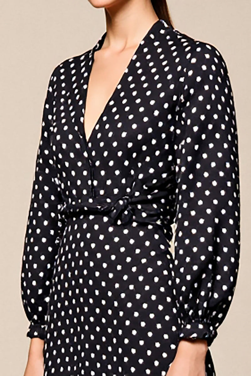 Laden Sie das Bild in den Galerie-Viewer, Schwarzes Polka Dot Langarm A-Linie Hochzeitsgastkleid