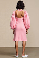 Laden Sie das Bild in den Galerie-Viewer, Rosa Gerüschtes A-Linie Hochzeitsgastkleid mit abnehmbaren Ärmeln