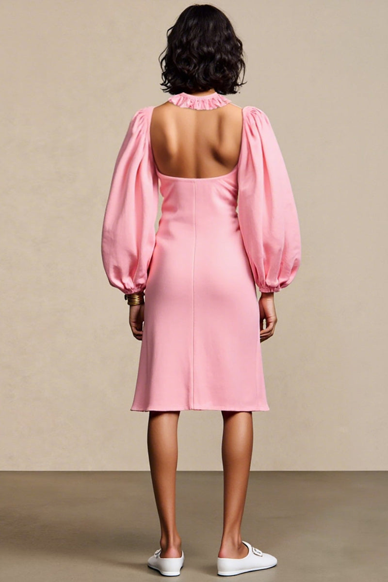 Laden Sie das Bild in den Galerie-Viewer, Rosa Gerüschtes A-Linie Hochzeitsgastkleid mit abnehmbaren Ärmeln