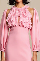 Laden Sie das Bild in den Galerie-Viewer, Rosa Gerüschtes A-Linie Hochzeitsgastkleid mit abnehmbaren Ärmeln