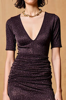 Laden Sie das Bild in den Galerie-Viewer, Glitzerndes Schwarzes A-Linie Hochzeitsgastkleid mit V-Ausschnitt