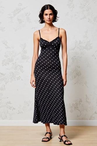 Schwarzes A-Linie Polka Dot Spaghettiträger Hochzeitsgastkleid