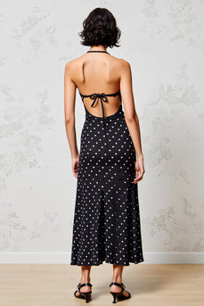 Schwarzes A-Linie Polka Dot Spaghettiträger Hochzeitsgastkleid