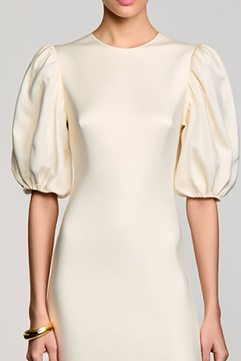 Laden Sie das Bild in den Galerie-Viewer, Langes Elfenbein Hochzeitsgastkleid mit Puffärmeln und Schlüsselloch