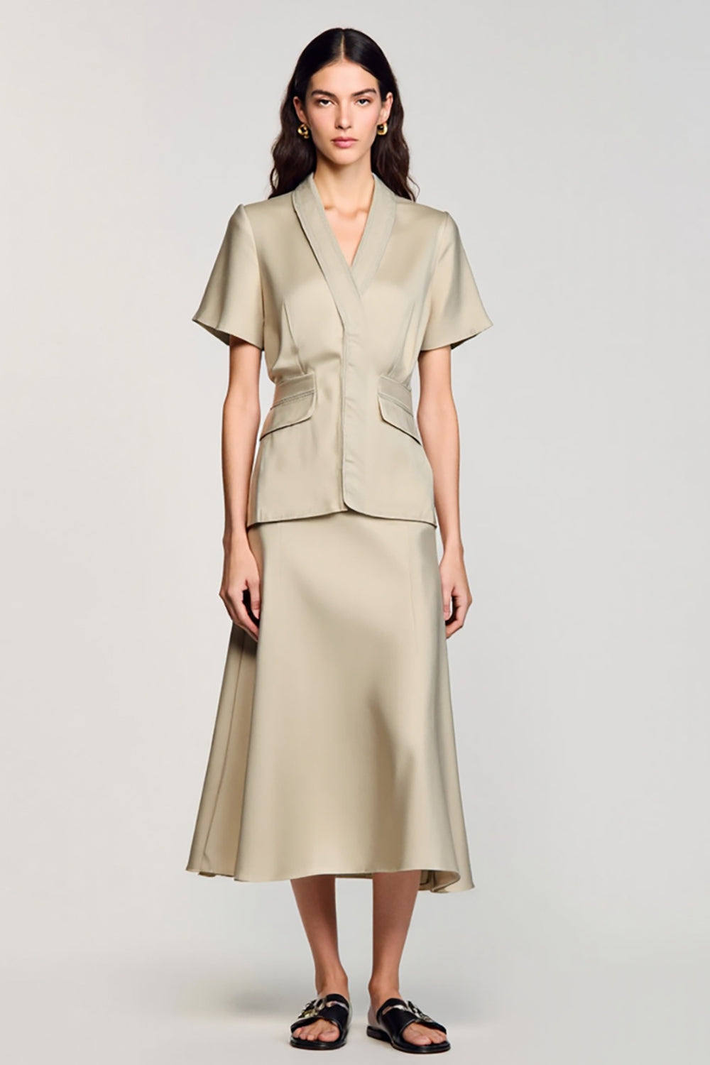 Schal Revers A Line Zweiteiliges Graues Hochzeitsgastkleid