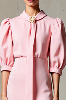 Laden Sie das Bild in den Galerie-Viewer, Rosa A-Linie Halbärmeliges Hochzeitsgastkleid mit Schärpe