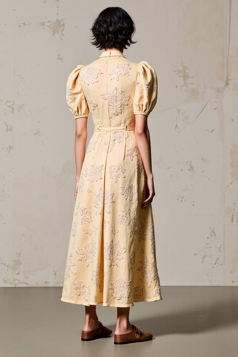 Laden Sie das Bild in den Galerie-Viewer, Revers Aprikose Bedrucktes Hochzeitsgastkleid mit Puffärmeln und Gürtel