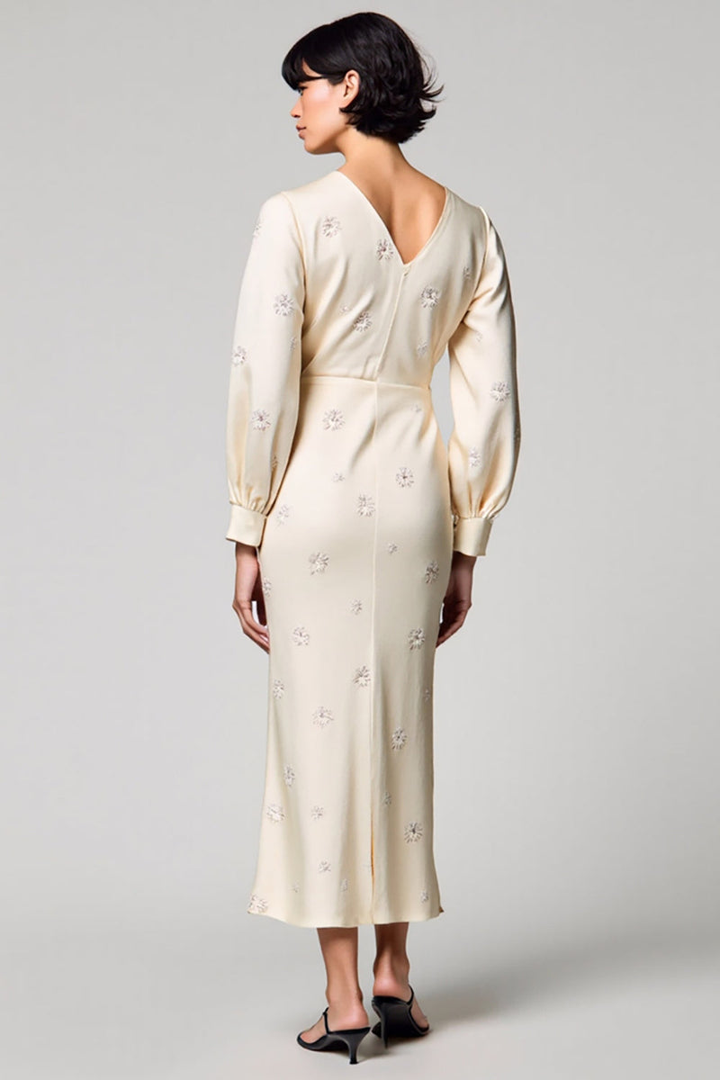 Laden Sie das Bild in den Galerie-Viewer, U-Boot-Ausschnitt Elfenbein Bedrucktes Etuikleid für Hochzeitsgäste