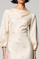 Laden Sie das Bild in den Galerie-Viewer, U-Boot-Ausschnitt Elfenbein Bedrucktes Etuikleid für Hochzeitsgäste