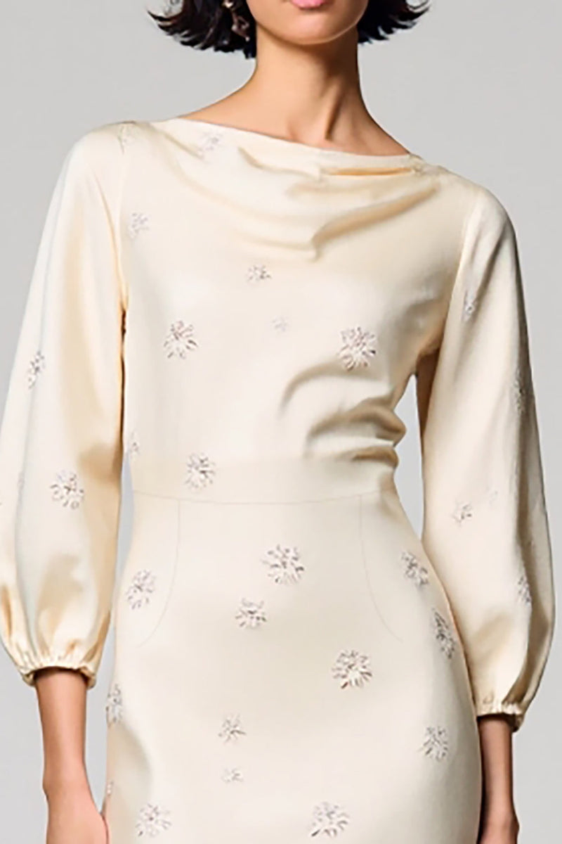 Laden Sie das Bild in den Galerie-Viewer, U-Boot-Ausschnitt Elfenbein Bedrucktes Etuikleid für Hochzeitsgäste