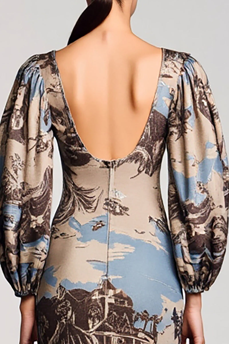 Laden Sie das Bild in den Galerie-Viewer, Kaffee Langärmeliges Bedrucktes Kleid für Hochzeitsgäste mit quadratischem Ausschnitt