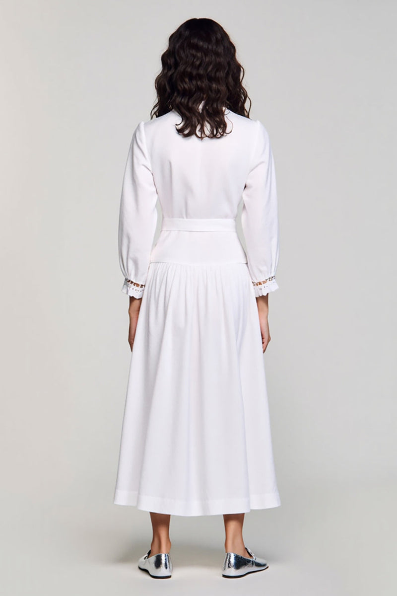 Laden Sie das Bild in den Galerie-Viewer, Gekerbtes Revers A-Linie Langes Weißes Hochzeitsgastkleid mit Schärpe