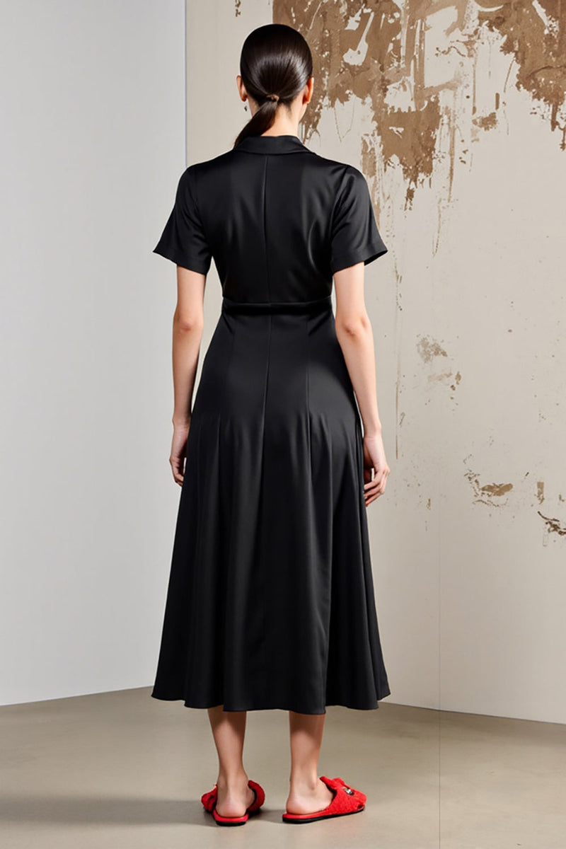 Laden Sie das Bild in den Galerie-Viewer, A Linie V-Ausschnitt Midi Schwarzes Hochzeitsgastkleid mit Schärpe