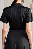 Laden Sie das Bild in den Galerie-Viewer, A Linie V-Ausschnitt Midi Schwarzes Hochzeitsgastkleid mit Schärpe