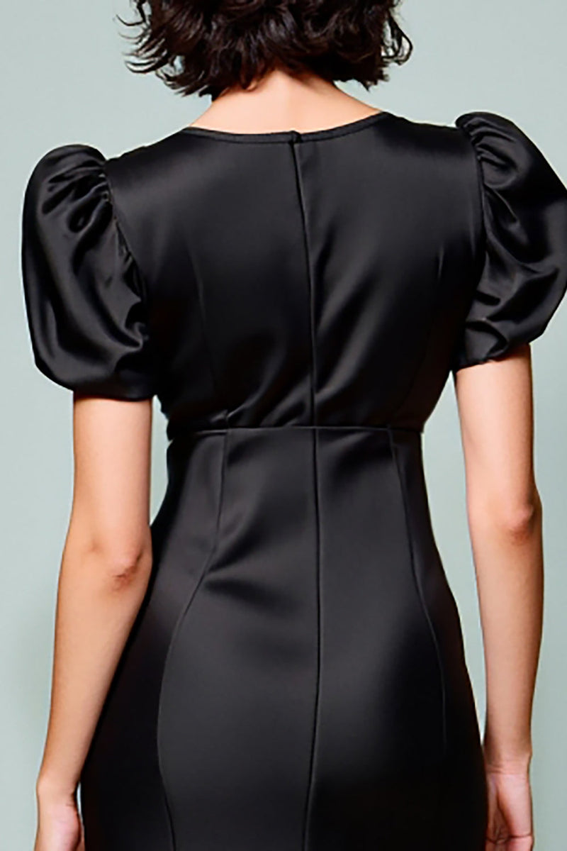 Laden Sie das Bild in den Galerie-Viewer, Schwarzes Midikleid für Hochzeitsgäste mit Puffärmeln in A-Linie