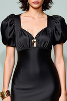 Laden Sie das Bild in den Galerie-Viewer, Schwarzes Midikleid für Hochzeitsgäste mit Puffärmeln in A-Linie