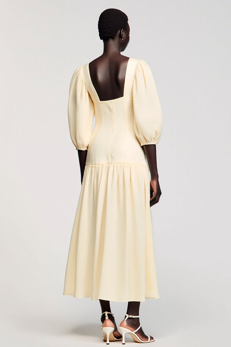 Laden Sie das Bild in den Galerie-Viewer, Aprikose Satin Midikleid für Hochzeitsgäste mit quadratischem Ausschnitt und Ärmeln