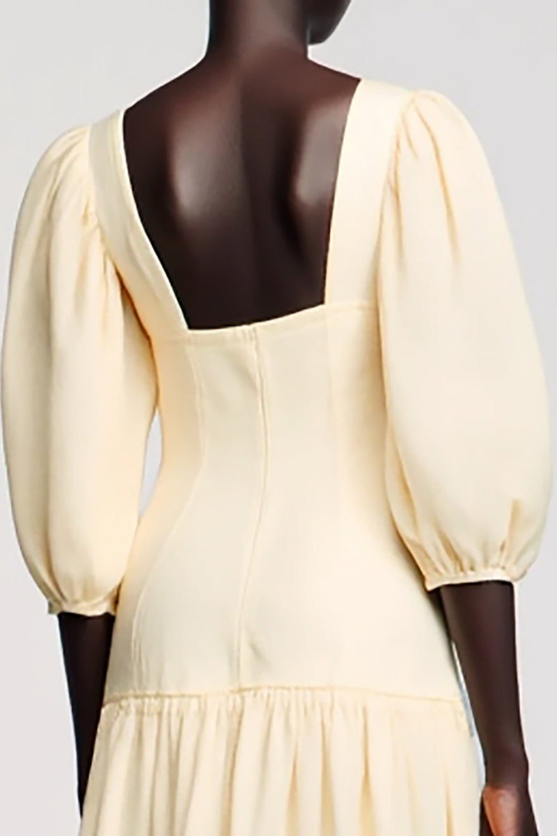 Laden Sie das Bild in den Galerie-Viewer, Aprikose Satin Midikleid für Hochzeitsgäste mit quadratischem Ausschnitt und Ärmeln