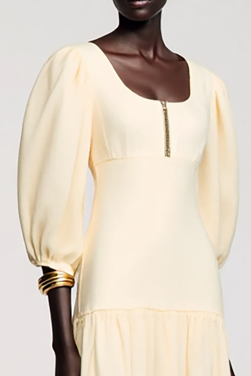 Laden Sie das Bild in den Galerie-Viewer, Aprikose Satin Midikleid für Hochzeitsgäste mit quadratischem Ausschnitt und Ärmeln