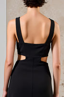 Laden Sie das Bild in den Galerie-Viewer, Einfaches Schwarzes Langes Hochzeitsgastkleid aus Satin mit Rundhalsausschnitt