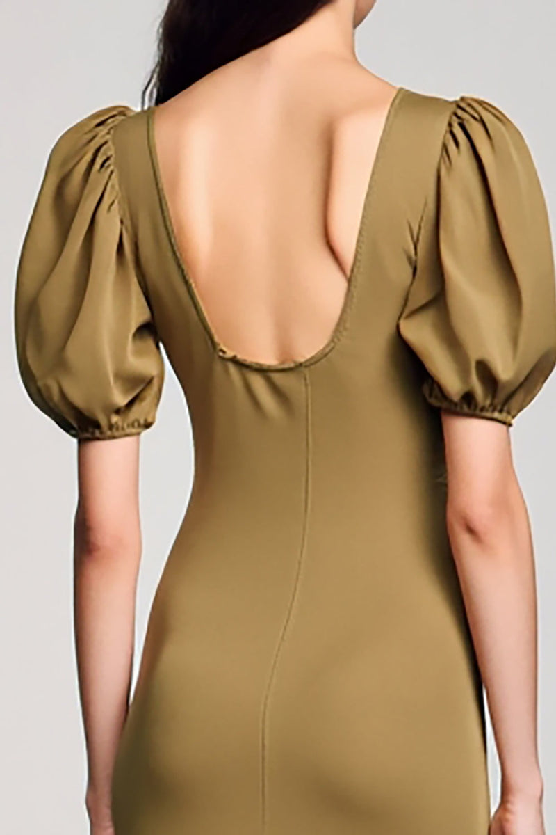 Laden Sie das Bild in den Galerie-Viewer, Olive Schlüsselloch Langes Hochzeitsgastkleid mit quadratischem Ausschnitt und Puffärmeln