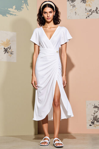 Weißes Gerafftes Midi Sommerkleid mit V-Ausschnitt und Schlitz
