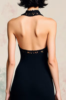 Laden Sie das Bild in den Galerie-Viewer, Schwarzes Neckholder Rückenfreies Midikleid aus Satin mit Schlitz
