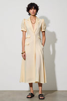Laden Sie das Bild in den Galerie-Viewer, Elfenbein Midi Arbeitskleid mit Schalrevers und Tasche und Puffärmeln