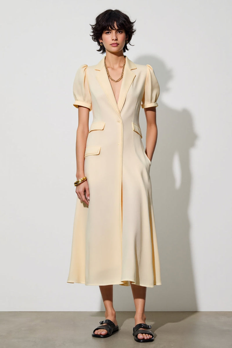 Laden Sie das Bild in den Galerie-Viewer, Elfenbein Midi Arbeitskleid mit Schalrevers und Tasche und Puffärmeln