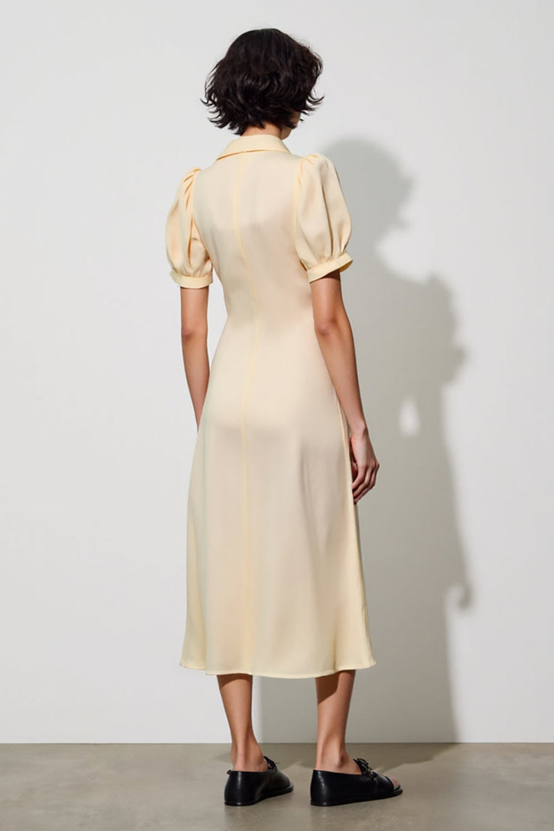 Laden Sie das Bild in den Galerie-Viewer, Elfenbein Midi Arbeitskleid mit Schalrevers und Tasche und Puffärmeln