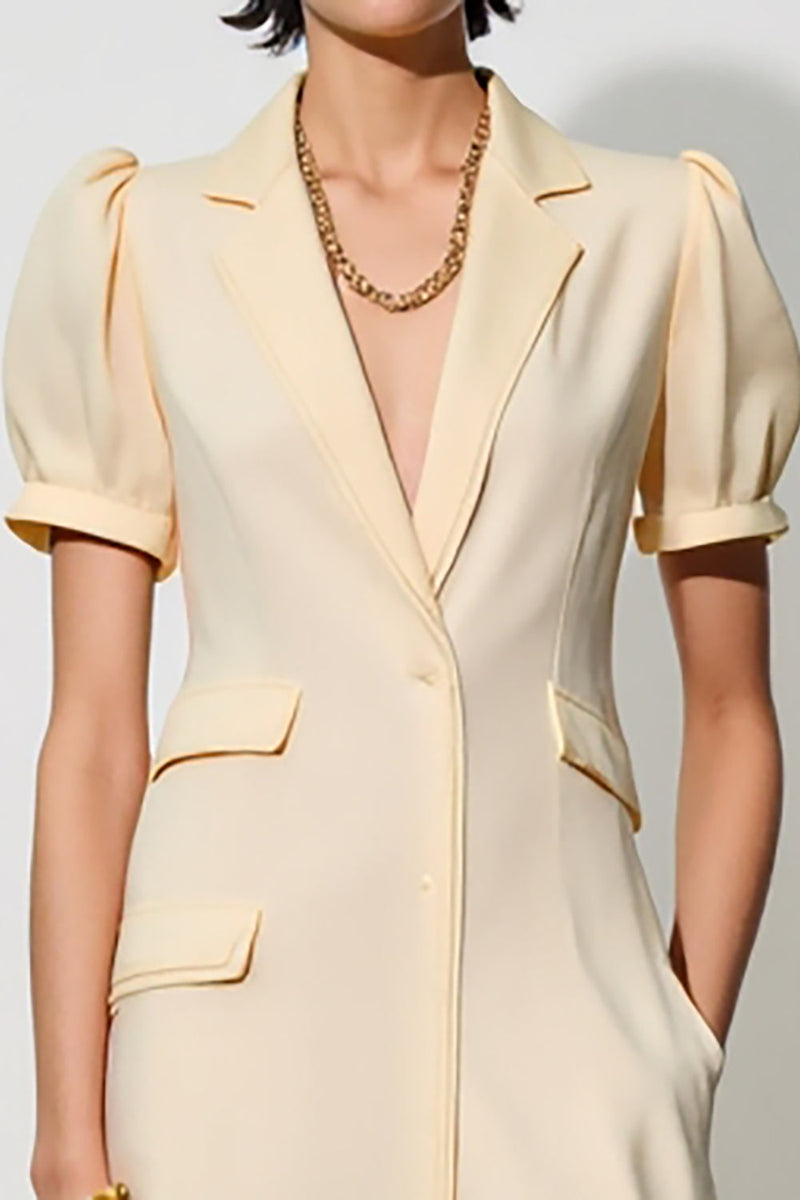 Laden Sie das Bild in den Galerie-Viewer, Elfenbein Midi Arbeitskleid mit Schalrevers und Tasche und Puffärmeln