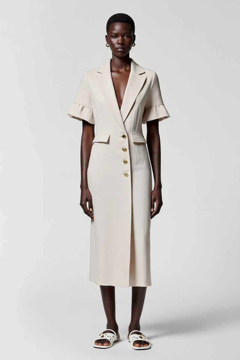 Laden Sie das Bild in den Galerie-Viewer, Graues Midi Arbeitskleid aus Satin mit Schal und Revers und Taschen