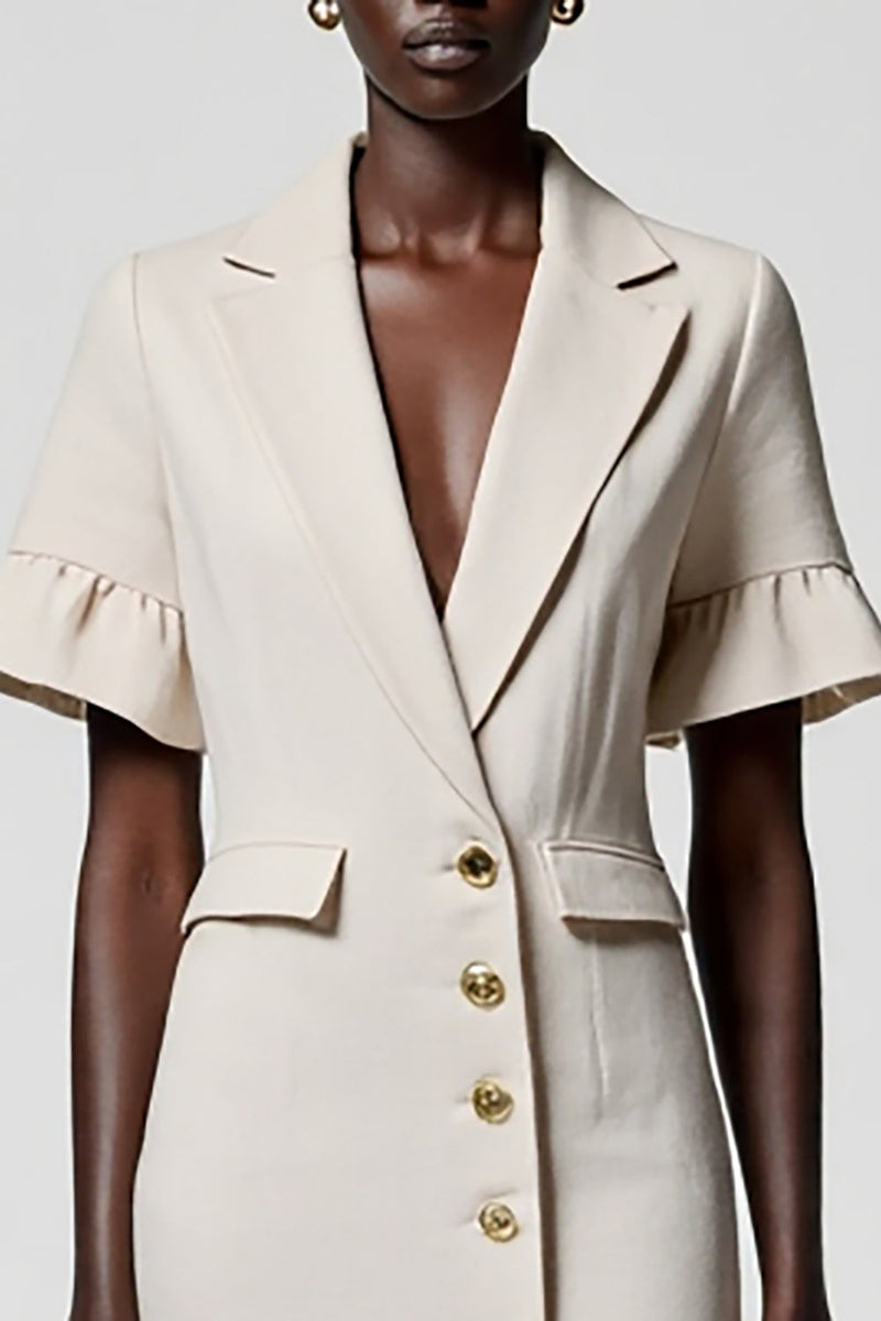 Laden Sie das Bild in den Galerie-Viewer, Graues Midi Arbeitskleid aus Satin mit Schal und Revers und Taschen