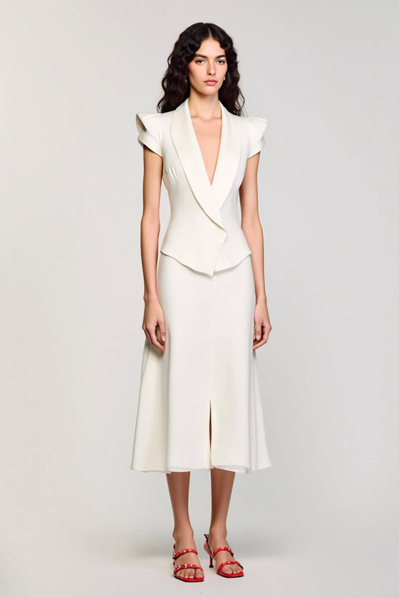 Laden Sie das Bild in den Galerie-Viewer, Elfenbein Schal Revers 2-teilige Midi-Business-Anzüge mit Flügelärmeln