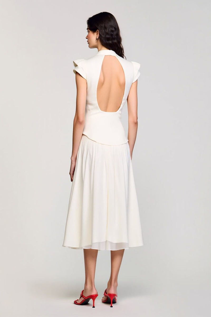 Laden Sie das Bild in den Galerie-Viewer, Elfenbein Schal Revers 2-teilige Midi-Business-Anzüge mit Flügelärmeln